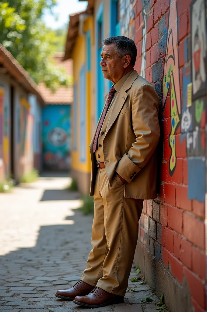 Ecuadorian President Daniel Noboa made of rather crumpled cardboard leaning against a wall on the street