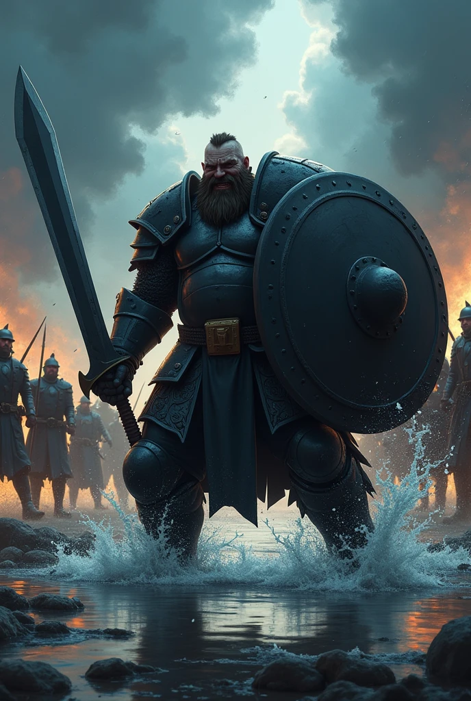 An anime character;
A fat man with a beard and a sadistic smile.
Wearing heavy black armor and with a long sword in his right hand and a large round black steel shield in his left. In the background you can see a battle between several soldiers in a very shallow river..