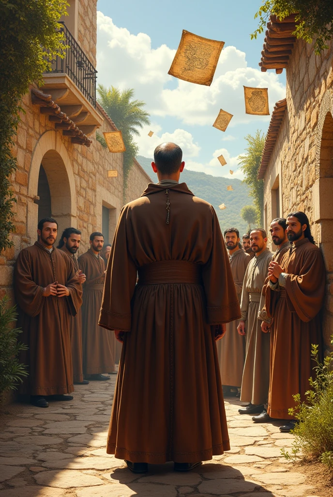 Historical recreation of the foundation, with actors representing Fray Antonio Alcalde and other key characters. They are interspersed with images of old documents and maps..
