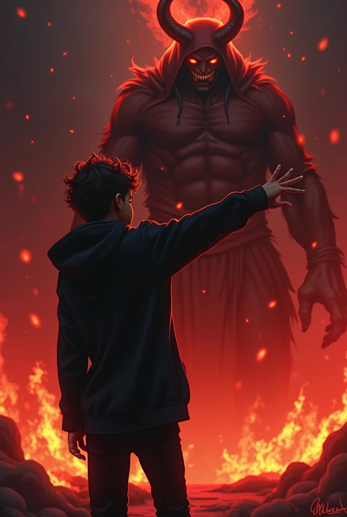 1 boy, Black Hoodie,Punch Satan，， Black pants, Gazing at Satan, Hellfire in the Background 