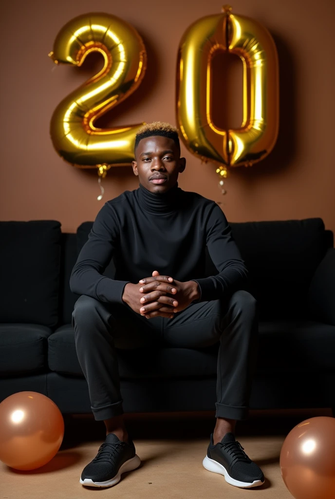best qualityer:1.4), (ultra high resolution:1.2), (photorrealistic:1.4), (8k, CRU photo:1.2), 1 young man, 20 years old, thin, has thin arms, skin black, with a smooth, beardless face, with the gradient haircut, black long sleeve turtleneck shirt. black dress pants. black sneakers. He is sitting on a black sofa. is in a photography studio with a brown background. On the wall there are golden balloons in the shape of the number 20. The hair on top is well cut. There is no muscle in the arms. Brown baby balloons are scattered on the floor.