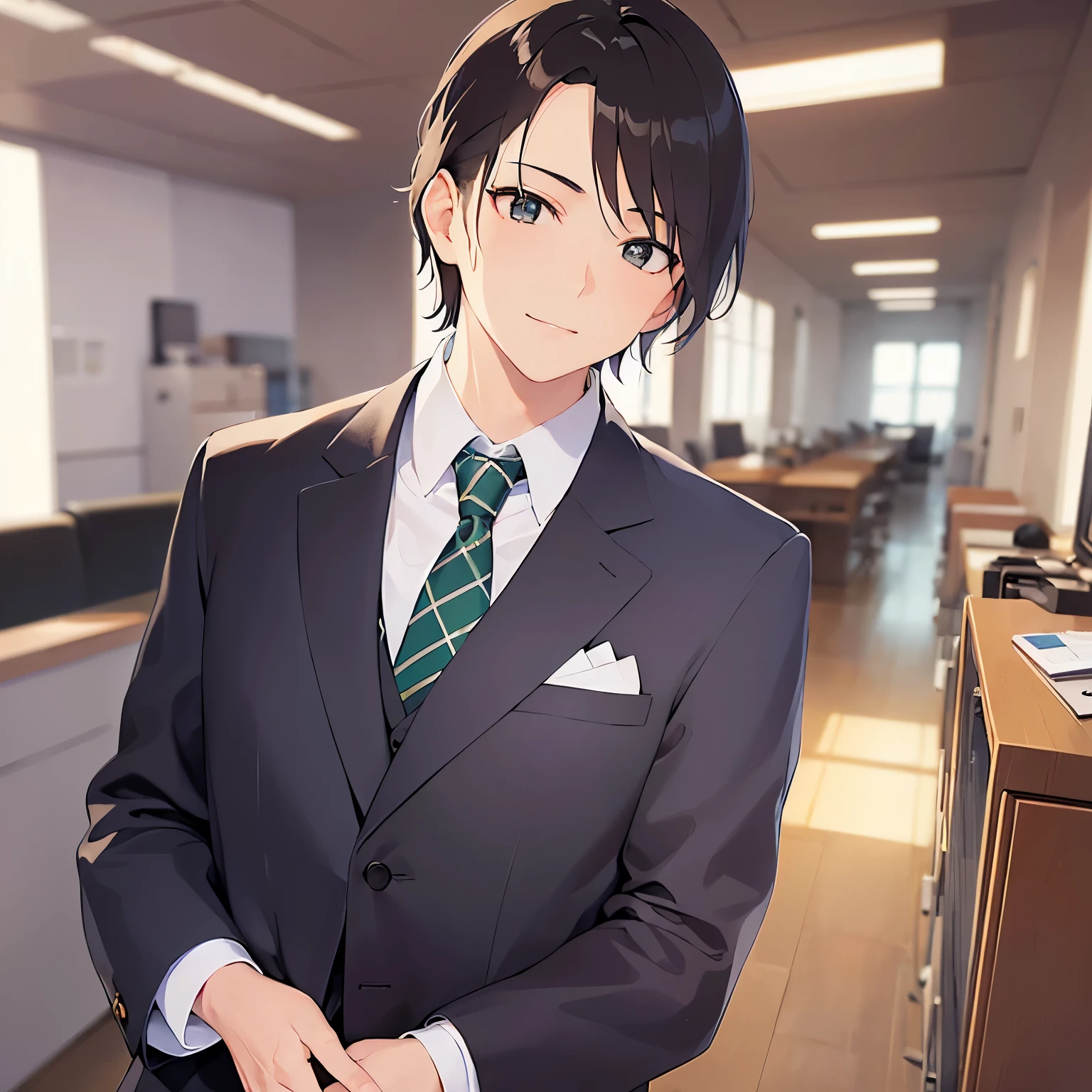 (looking at viewer:1.5)Upper Body,
shiny skin, masterpiece、Highest quality、
BREAK(25-year-old male:1.5) and (Brown short hair) and (Green Eyes)BREAK
BREAK (Wearing a suit:1.5) and (Green tie:1.5)BREAK
smile,Background in the office、Are standing、(alone:1.5)