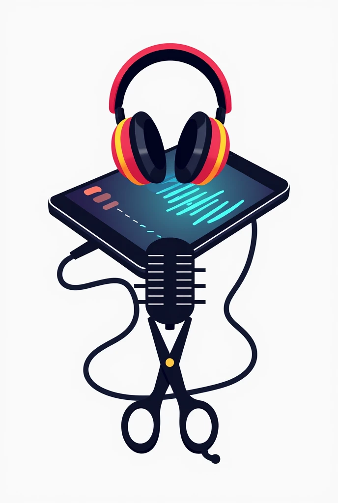 logo with headphones, CELL PHONE and scissors cutting the microphone