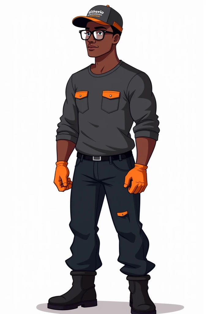 The image is a cartoon style illustration, com fundo branco. Nela, a dark man appears, wearing glasses. He wears a dark gray long-sleeved t-shirt with orange details and a matching cap., gray with orange details, where is it registered "Silverio gutters and flashings". The man also wears black pants and black boots., giving him a hard-working appearance.