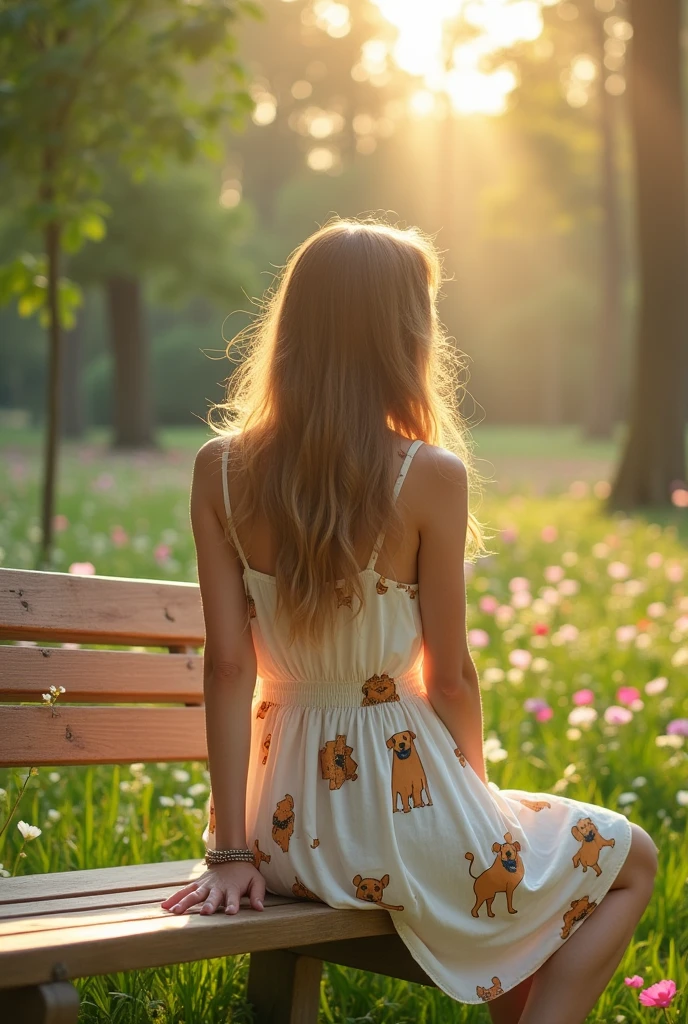 best quality, A woman sitting on a bench , summer_skirt, dogs printed in the skirt