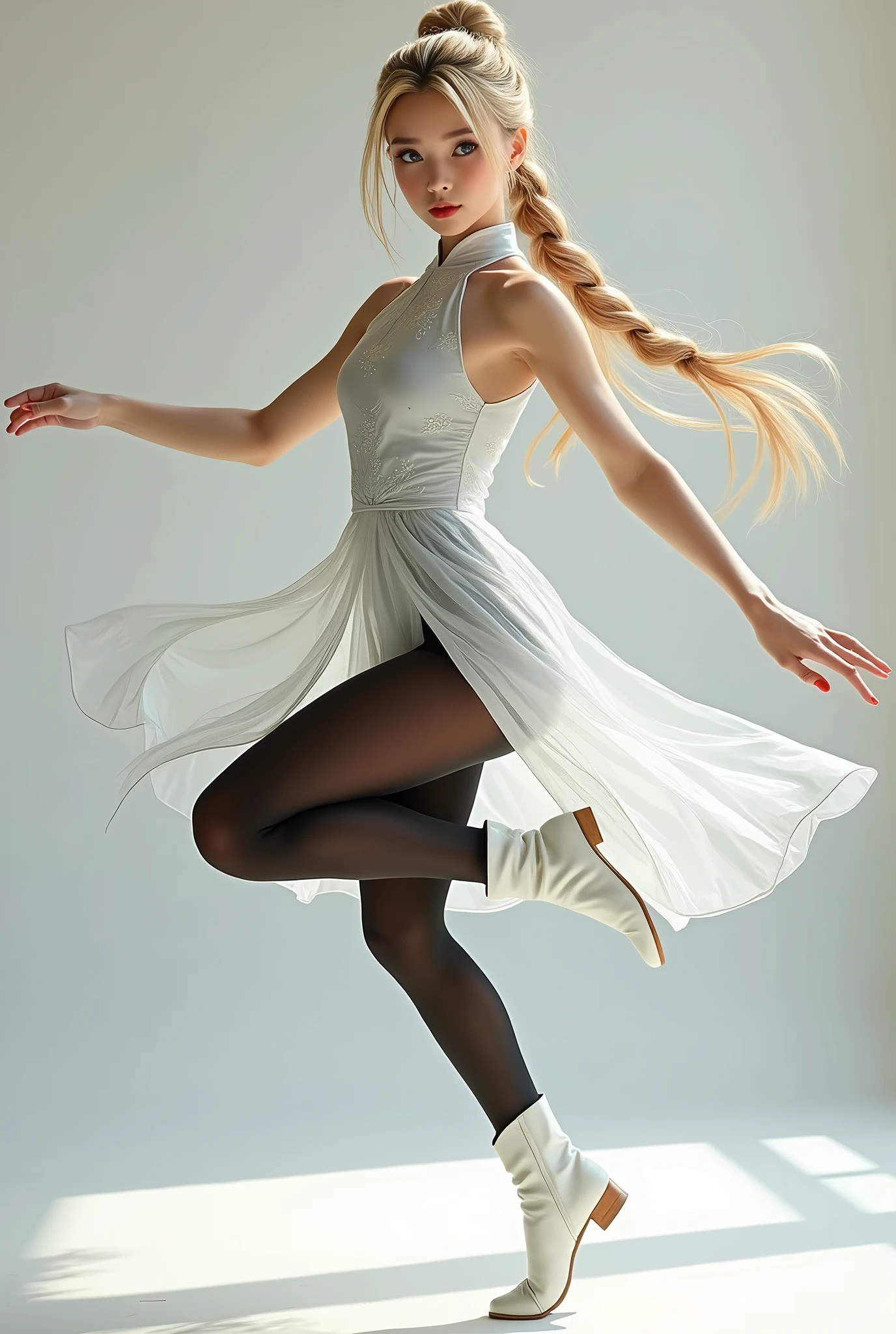 masterpiece, best quality, super detailed, beautiful eyes beautiful details eyes, Clean and delicate face, whole body, high kick posture, Single Braided blonde pony tail, parted bangs, forehead, wearing mini Cheongsam, white high cut underwear, Sleeveless, black pantyhose, white short boots, simple color background
