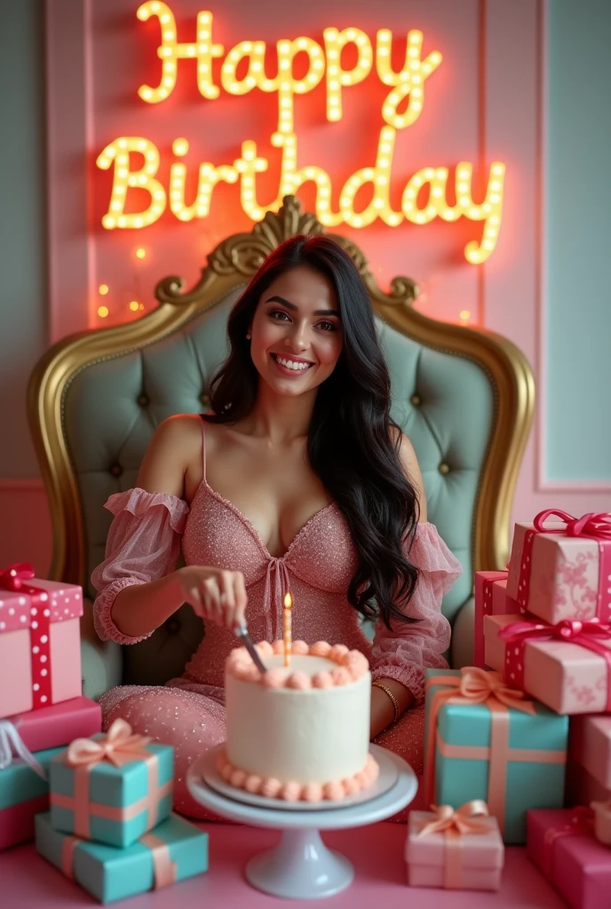 1......Prompt's  For Girl's 
create realistic illusion image of A 26 year old girl is sitting on a king chair and she is cutting the birthday cake, there are many gifts kept next to it and Happy Birthday Samreen, 3d text is written on the back wall"