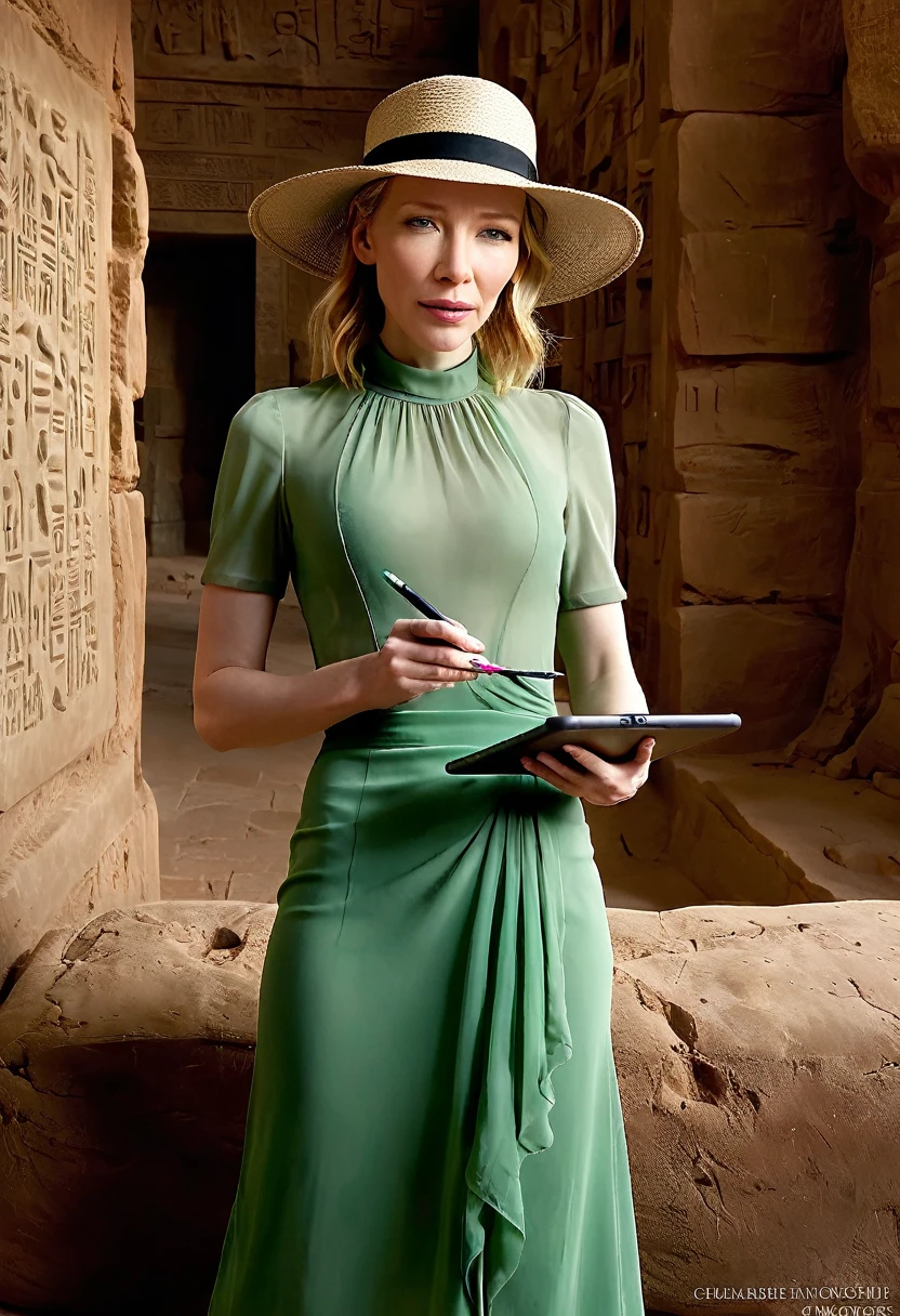 (Cate Blanchett, 25 years old, British expedition hat, sheer white top, sheer green dress, no underwear, holding a tablet, desert ruins, hieroglyphics, highly detailed, photorealistic, 8k, hyperrealistic, masterpiece, cinematic lighting, dramatic, chiaroscuro, vibrant colors, ethereal, dreamlike)