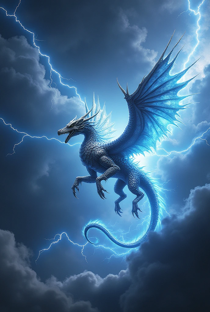 Winged Dragon of Ra from Yu-Gi-Oh, made of liquid metal, with its Phoenix form behind it, made of lightning. The background features a stormy cloud scene, illuminated by lightning.