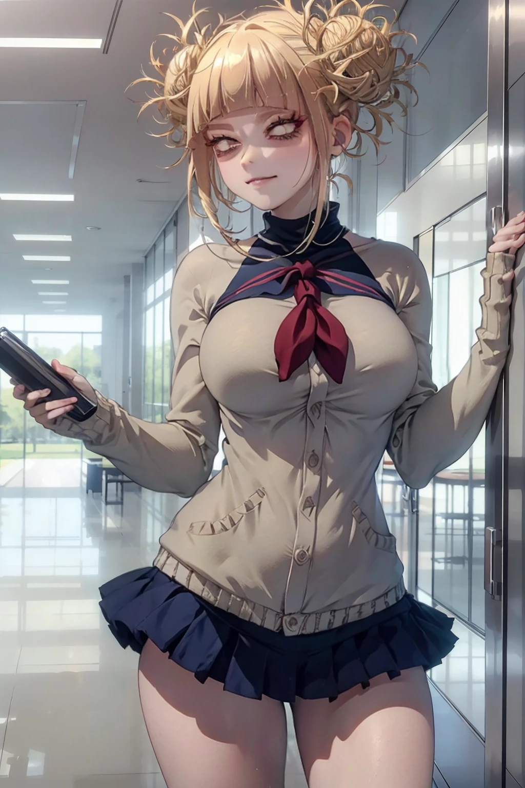 (1girl),(Alone),(Himiko Toga), (Boku no Hero Academia), is a relatively , fair-skinned girl who tends to blush and is often described as having a rather pretty face. She has slightly inward-slanting eyes, bright yellow irises, and her pupils are thin slits, making them somewhat cat-like, and her wide mouth is also quite feline, as her upper and lower canines are more pointed. and longer than the rest of the teeth. Her hair is light ash blonde and is styled in two messy buns, with several wild strands sticking out at all angles from their centers and where they are tied up, a straight fringe and two chin-length side bangs to frame her face. (Wearing) low, which gives a sexual sensation, and over the maid uniform it looks like a very short and sensual bra, and she has a big ass and super big breasts, she is super busty and has really big buttocks)/,