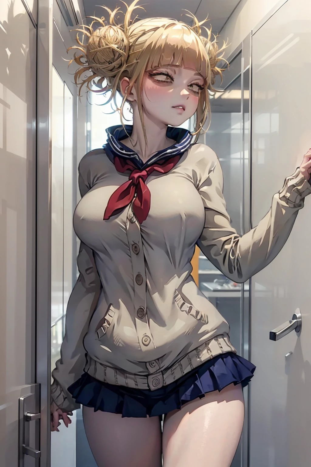 (1girl),(Alone),(Himiko Toga), (Boku no Hero Academia), is a relatively , fair-skinned girl who tends to blush and is often described as having a rather pretty face. She has slightly inward-slanting eyes, bright yellow irises, and her pupils are thin slits, making them somewhat cat-like, and her wide mouth is also quite feline, as her upper and lower canines are more pointed. and longer than the rest of the teeth. Her hair is light ash blonde and is styled in two messy buns, with several wild strands sticking out at all angles from their centers and where they are , a straight fringe and two chin-length side bangs to frame her face. (Wearing) low, which gives a sexual ion, and over the maid uniform it looks like a very short and sensual bra, and she has a big ass and superg breasts, sheusty and has really big bus)/,