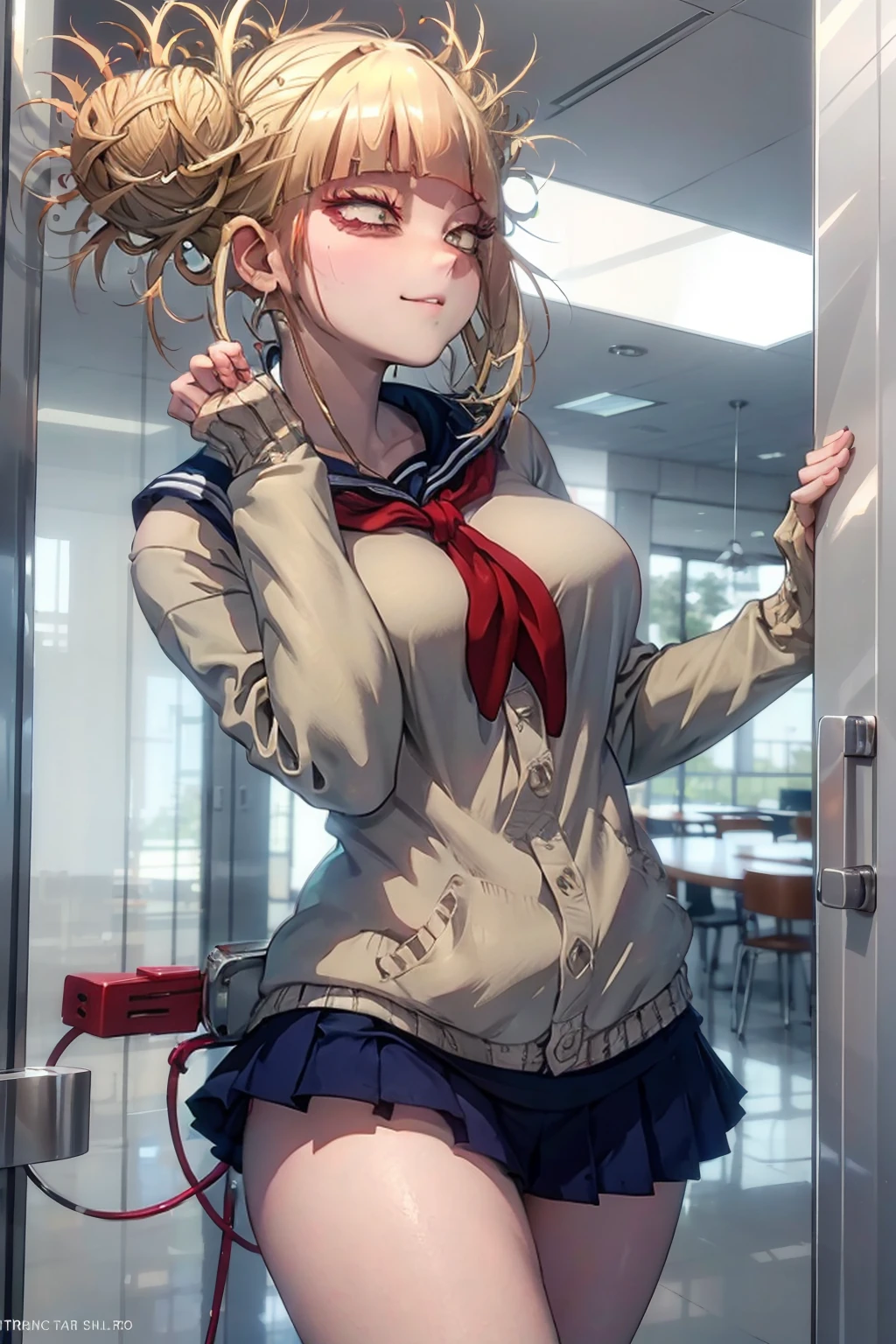 (1girl),(Alone),(Himiko Toga), (Boku no Hero Academia), is a relatively , fair-skinned girl who tends to blush and is often described as having a rather pretty face. She has slightly inward-slanting eyes, bright yellow irises, and her pupils are thin slits, making them somewhat cat-like, and her wide mouth is also quite feline, as her upper and lower canines are more pointed. and longer than the rest of the teeth. Her hair is light ash blonde and is styled in two messy buns, with several wild strands sticking out at all angles from their centers and where they are tied up, a straight fringe and two chin-length side bangs to frame her face. (Wearing) low, which gives a sexual sensation, and over the maid uniform it looks like a very short and sensual bra, and she has a big ass and super big breasts, she is super busty and has really big buttocks)/,