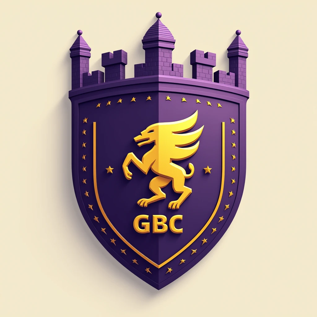 Create a shield for a football team called Barbalho GBC in Portuguese, purple and gold colors, castle, neutral background, Round symbol