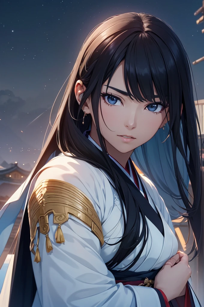 Starry sky and fog cover the landscape.Rich historical background. (Highest quality,4K,8k,High resolution,masterpiece:1.2), Very detailed, (Realistic,Realistic,Photorealistic:1.37), High resolution, Hyper HD, Studio Lighting, Ultra-fine painting, Sharp focus, Physically Based Rendering, Very detailed説明, Professional, Vibrant colors, Bokeh, Sports Late, Ancient War Landscapes, Traditional Chinese Painting Techniques, Atmospheric lighting, Dynamic Pose, Complex combat scenarios, Vivid color contrast, Visually stunning composition, Ethereal atmosphere,Very detailed目と顔, Beautiful attention to detail, Light on the face, (Hanfu: 1.1),