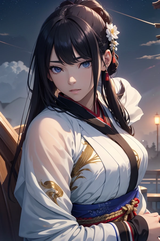 Starry sky and fog cover the landscape.Rich historical background. (Highest quality,4K,8k,High resolution,masterpiece:1.2), Very detailed, (Realistic,Realistic,Photorealistic:1.37), High resolution, Hyper HD, Studio Lighting, Ultra-fine painting, Sharp focus, Physically Based Rendering, Very detailed説明, Professional, Vibrant colors, Bokeh, Sports Late, Ancient War Landscapes, Traditional Chinese Painting Techniques, Atmospheric lighting, Dynamic Pose, Complex combat scenarios, Vivid color contrast, Visually stunning composition, Ethereal atmosphere,Very detailed目と顔, Beautiful attention to detail, Light on the face, (Hanfu: 1.1),