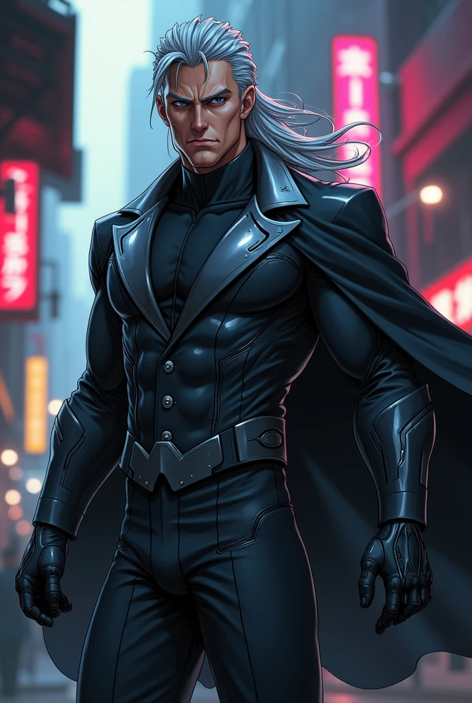 
Give me a supervillain in a shiny grey and shiny black suit, that his hair is gray and he is muscular in the anime version 