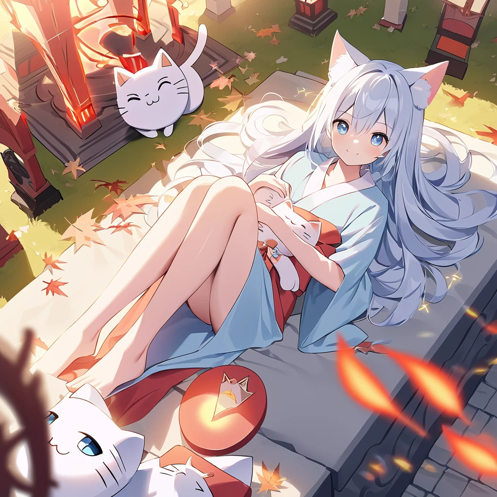 Beautiful illustration、top-quality、Cute s、、PastelColors、fluffy cat ears、、Silver long hair、Stuffed cat、Bright lighting、bright light blue eyes、masterpiece+++、top-quality++、4k+++、8k+++、Beautiful fece、cute little++、cute face+++、evil smile++、Light smile、Beautiful Landscapes++、plein air、natta、firey++、Fantasia+、mont、shrines++、Colored leaves++、Eau、Foot Raising、kimono、bare-legged、bow ribbon、hair adornments、laying on back、stretch、Looking at the camera、Light Effects++、Cinematic lighting++、Wind effect++、Eye Focus++、From above+、vivd colour+、Red++ , hot++ , Sexy++