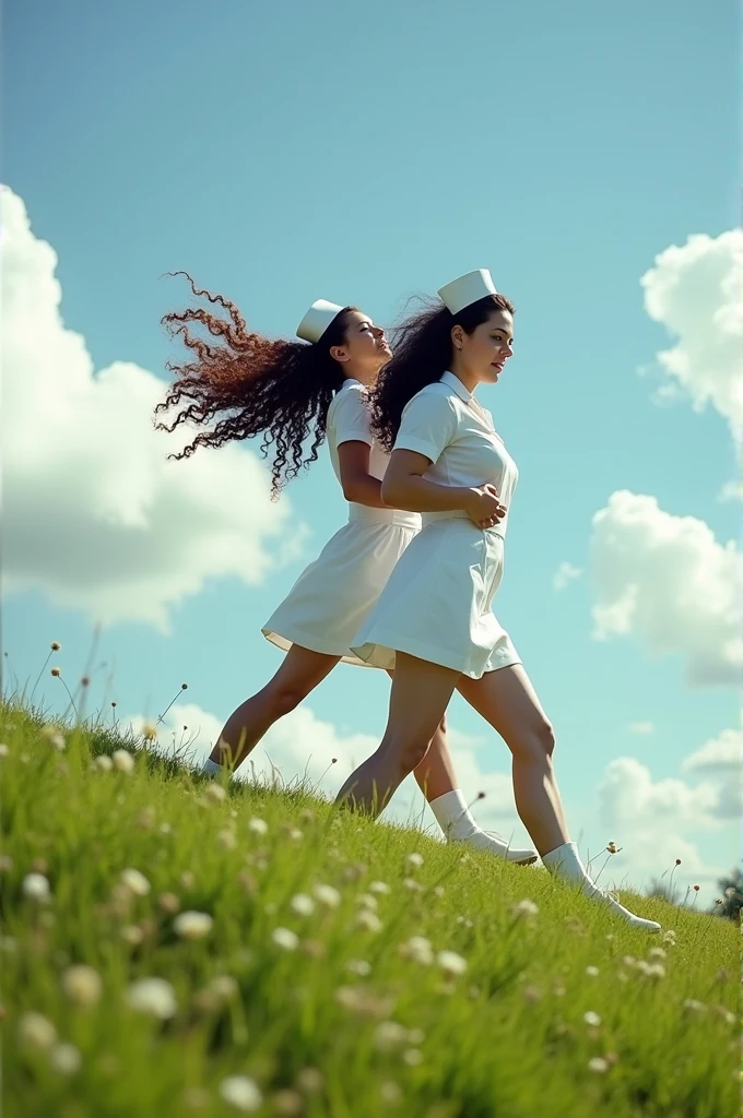 brunette woman, long curly hair down to the butt, Round face. She is on the back of another brunette woman with curly hair down to below her breasts.. They are climbing a hill with green grass and are dressed as nurses.