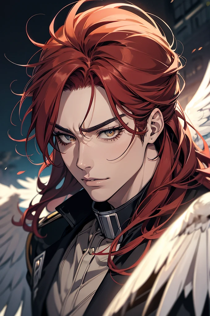 A detailed portrait of Keigo Takami (Hawks) from My Hero Academia, beautiful detailed eyes, beautiful detailed lips, extremely detailed face and features, long eyelashes, messy red hair, sharp facial features, intense gaze, feathered wings, superhero costume, dynamic action pose, detailed background, cinematic lighting, highly detailed, 8k, masterpiece, photorealistic, dramatic lighting, vivid colors, digital art