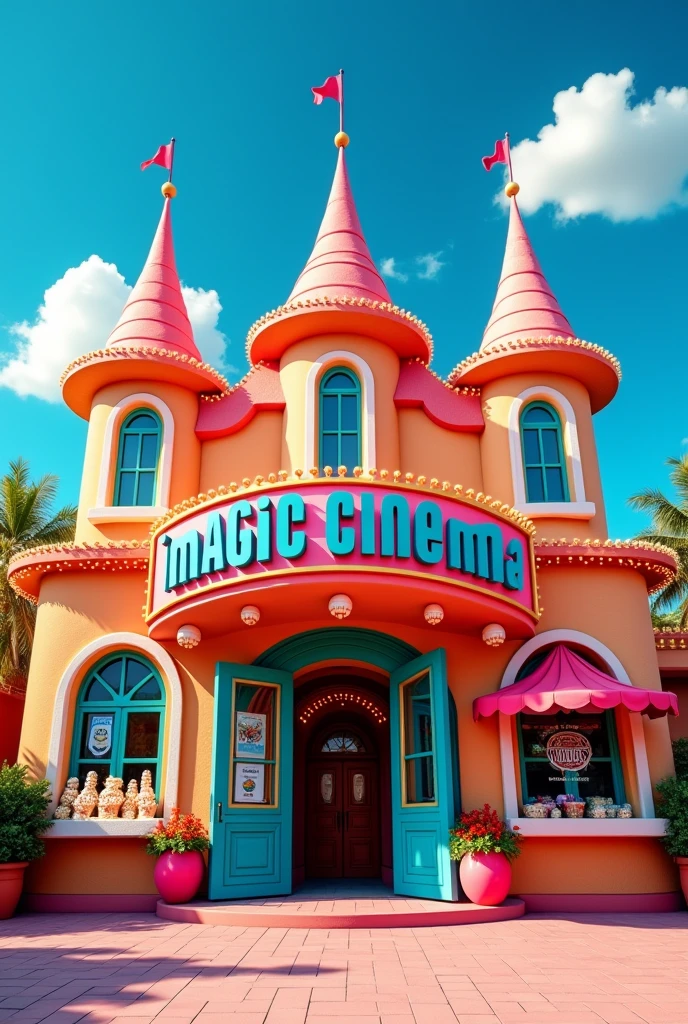 make the outside of a cinema. that it is called MAGIC CINEMA that it is cartoonish, that only the front part is visible. Let nothing cover it, that has the entrance in the middle, the ticket office where they sell the tickets on the right side, and the food on the left side, that are in the shape of a window, that is cute and eye-catching, that is elegant and with a tall and striking structure