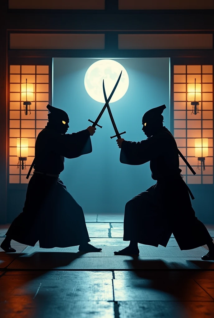 Masked Japanese ninjas fighting in a dojo with other ninjas at night