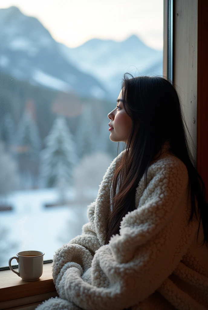 A young woman , covering yourself with a blanket , large glass window , snowy mountains on the horizon, coffee mug on the window ledge ,high resolution, longye hair, breastsout, blushful, Bblack hair, very long hair, slightly separated lips, ass pov, defocused, motion lines, Lens flare, 