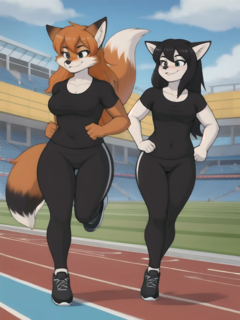 Furry, fox, female, black shirt, black leggings, shoes, running track, friends, full body