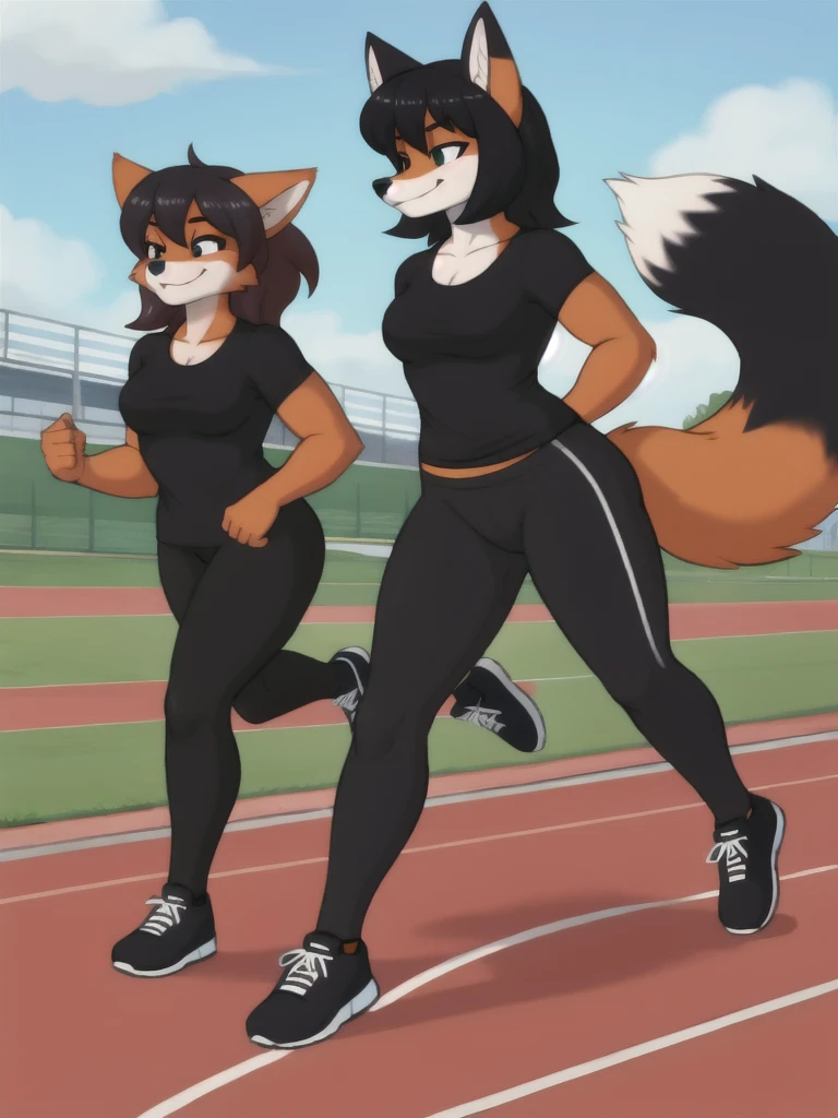 Furry, fox, female, black shirt, black leggings, shoes, running track, friends, full body