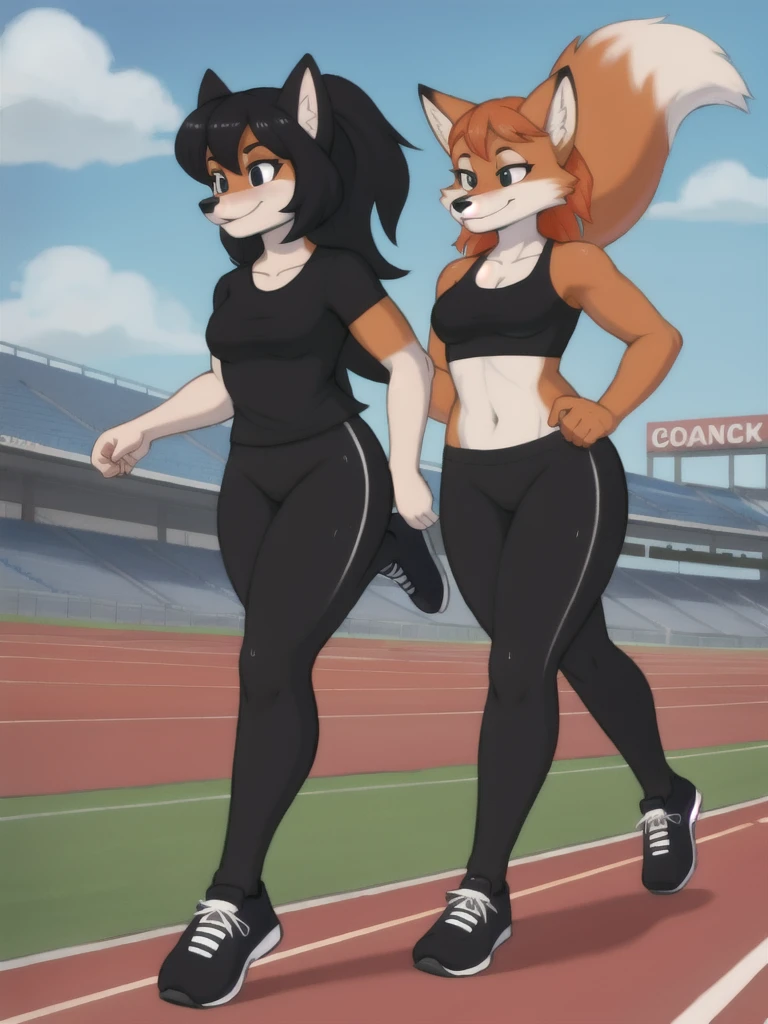 Furry, fox, female, black shirt, black leggings, shoes, running track, friends, full body