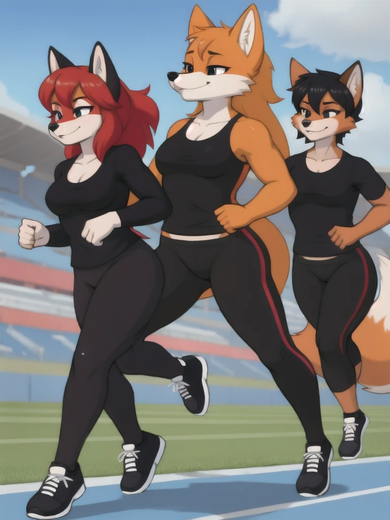 Furry, fox, female, black shirt, black leggings, shoes, running track, friends, full body
