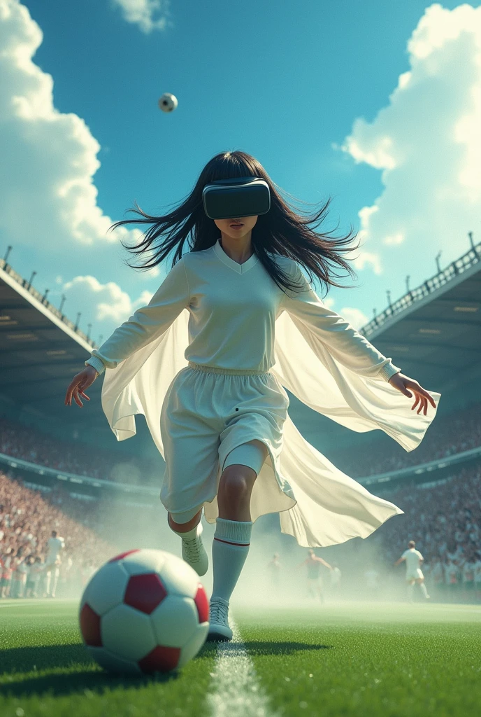An image of Sadako wearing VR goggles and white clothes scoring a goal in soccer