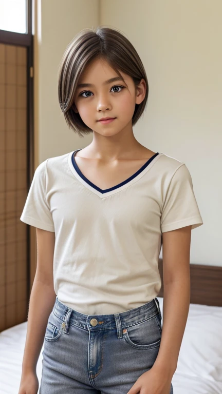 Highest quality、Realistic、、Japanese、zoom、man、Middle school students、cute、Big eyes、neutral、Bedroom、Grey Eyes、Light brown hair、Very Short Hair、White short-sleeved open-collar shirt、Denim pants、thin、Cowboy Shot