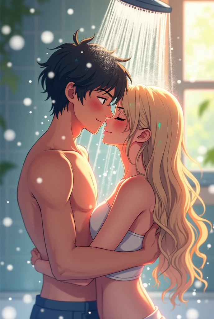 A girl and her boyfriend in the shower naked in anime style
