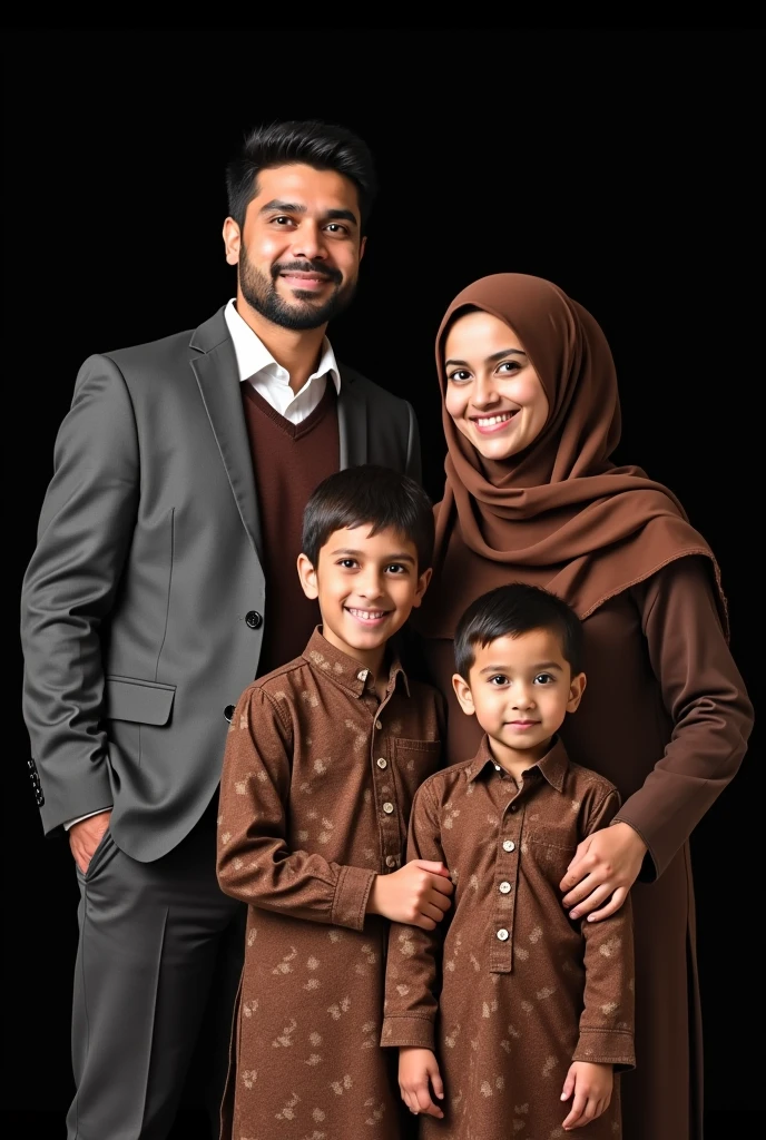 Muslim family studio photo with 3 children, 34 year old father with neat hair, mother age 33 wears hijab , first child girl aged 8 years wearing hijab , second child, , neat hair, the third child, a 3 year old girl, wears a hijab , black photo background , all faces facing the camera
