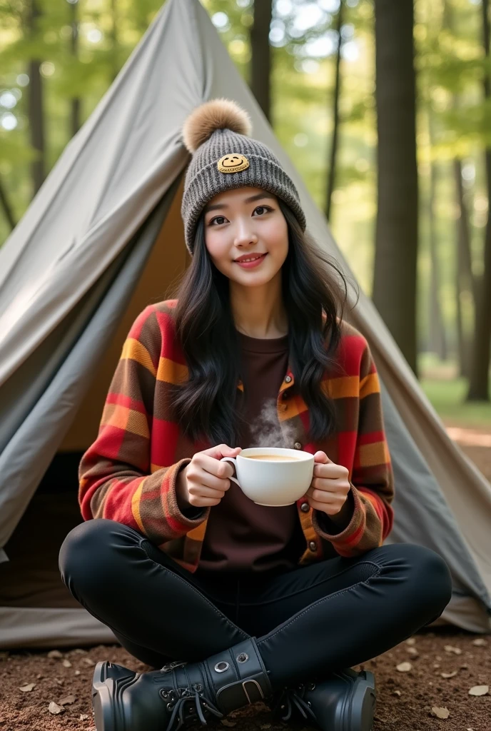 Beautiful Korean woman with clean white skin, wearing a beanie hat, wearing a red and yellow brown checkered shirt, mamaskygibs logo, black jeans, boots, sitting in front of the tent while holding a cup of hot coffee, forest background, original photo