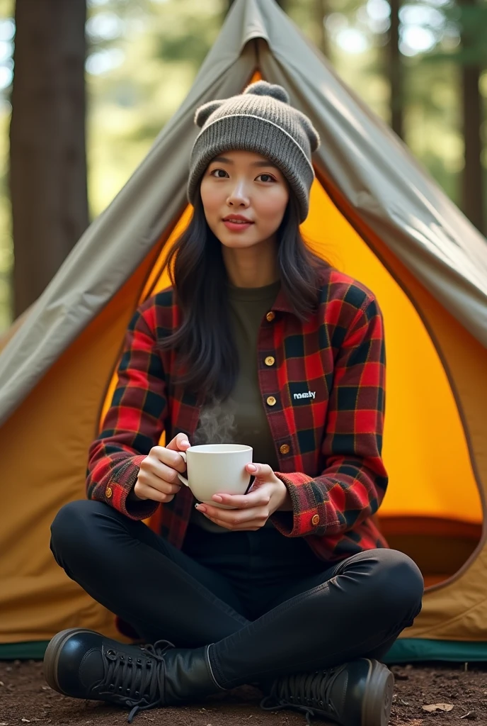 Beautiful Korean woman with clean white skin, wearing a beanie hat, wearing a red and yellow brown checkered shirt, mamaskygibs logo, black jeans, boots, sitting in front of the tent while holding a cup of hot coffee, forest background, original photo