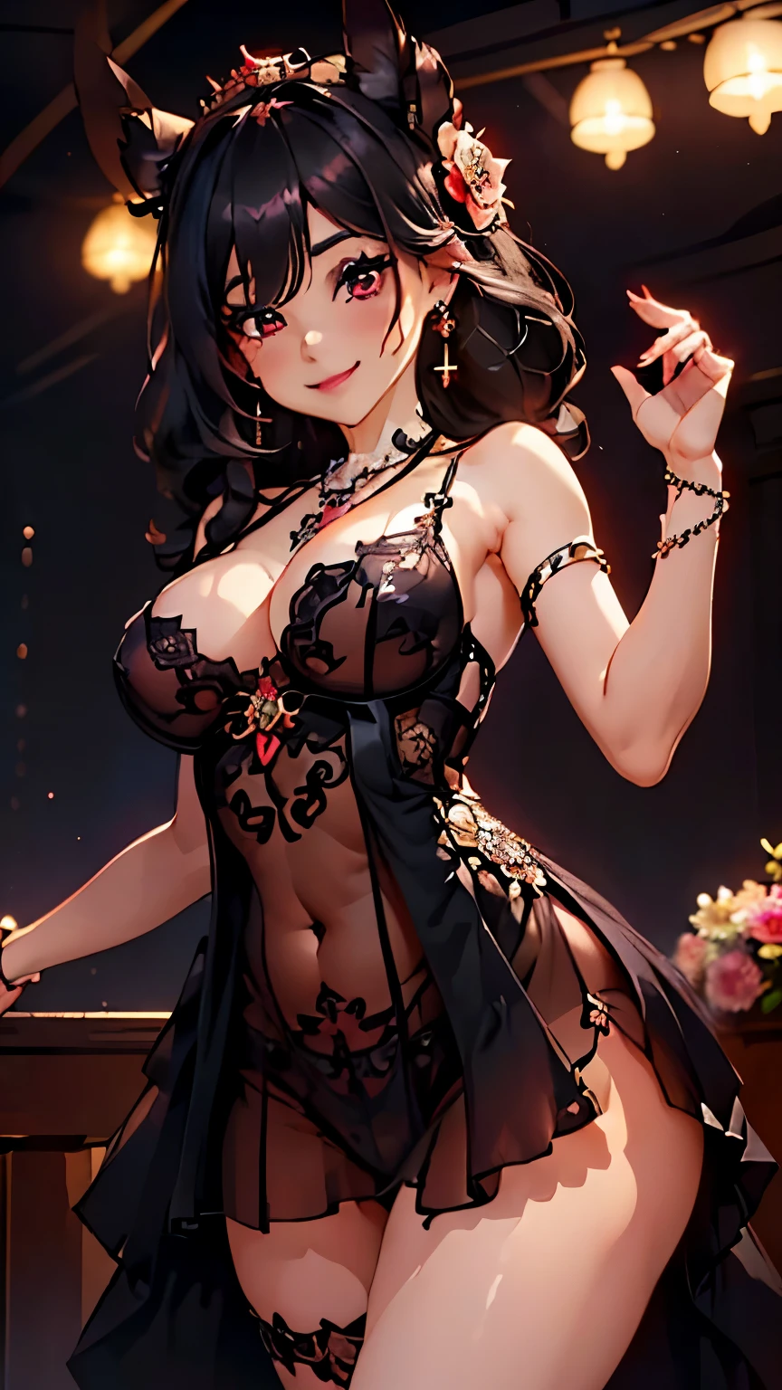 ((junkotvv)), ((Masterpiece, Ultra Quality, High Resolution, Ultra High Definition 8K Quality)), One girl, beautifully detailed and perfect face, perfect and incomparable beauty body, curvy body, but slender body, beautiful perfect red eyes, very long eyelashes, bright beautiful young face, shiny white skin, skin of the best beauty, shiny pink lips, (((the most beautiful bright light black hair in the world, fine hair))), (((long hairstyle))), shiny beautiful bangs, shiny clear big red eyes, very beautiful and lovely  The most beautiful girl in the world, (((big ample breasts))), (((beautiful smile))), sexually aroused expression, (((beautiful smile))), sexually aroused expression, (((beautiful smile))). sexually aroused expression, ((image from knees up)), (((sexy see-through lingerie))), (((Cute flower hair ornament, Cutely designed tiara, earrings, necklaces, bracelets and rings))), (((crotch sinew))), ((beautiful smile)), (((Scene: Lingerie fashion show)))
