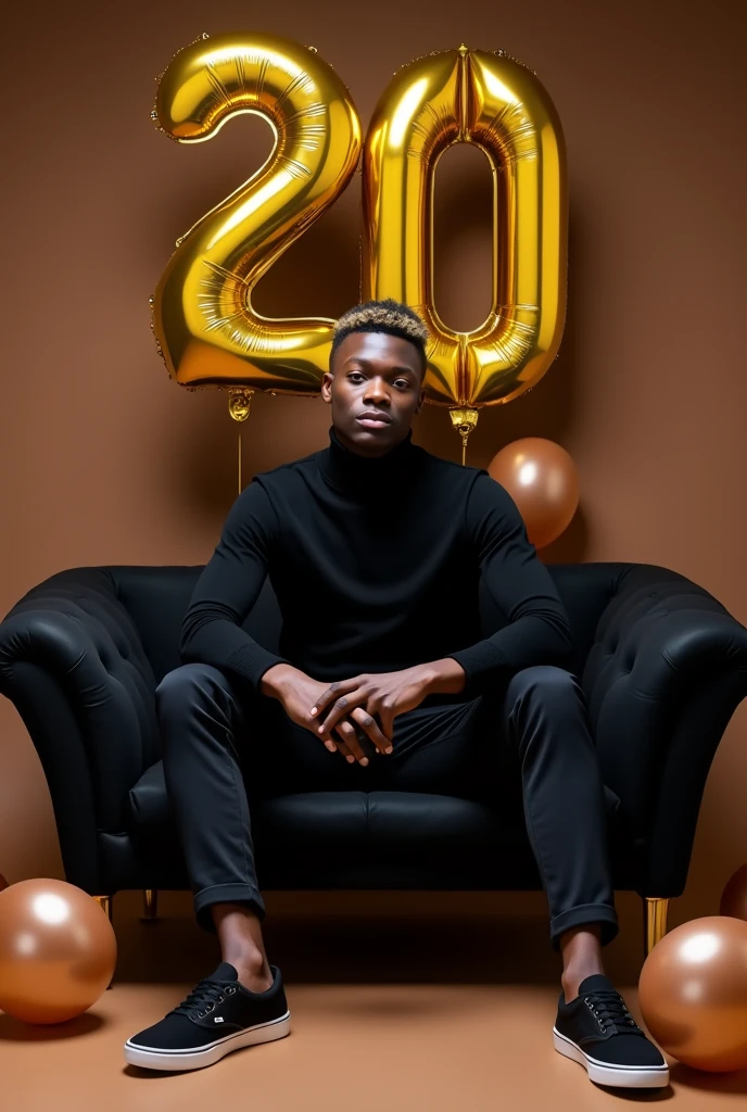 best qualityer:1.4), (ultra high resolution:1.2), (photorrealistic:1.4), (8k, CRU photo:1.2), 1 young man, 20 years old, thin, has thin arms, skin black, with a smooth, beardless face, with the gradient haircut, black long sleeve turtleneck shirt. black dress pants. black sneakers. He is sitting on a black sofa. is in a photography studio with a brown background. On the wall there are golden balloons in the shape of the number 20. The hair on top is well cut. There is no muscle in the arms. Brown baby balloons are scattered on the floor.