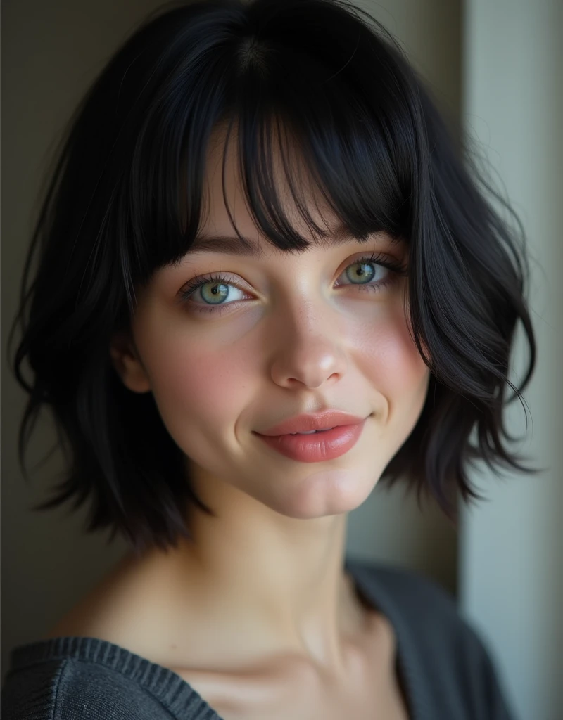 (RAW photo, best quality, masterpiece: 1.2), (photorealistic: 1.4), Polish girl, best lighting, 20 years old, black hair, Light grey eyes, short bob cut, hair in 7 thirds, hair over one ear, Symmetrical eyes, fair skin, solo, Detailed Skin, Beautiful lips, gloss, blush, smiling