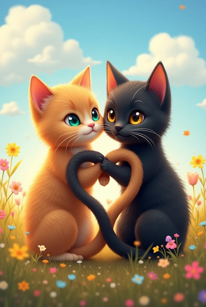 Two cats making a heart shape with their tails. Beautiful and cute down to the last detail.