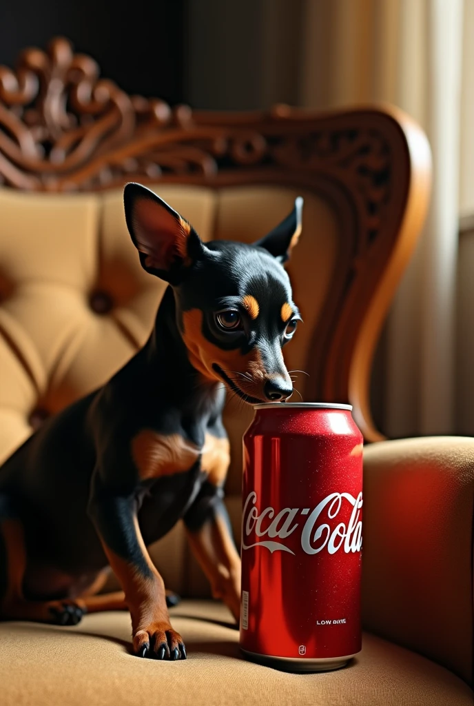 Very realistic Pincher dog drinking a Coca-Cola sitting on a piece of furniture