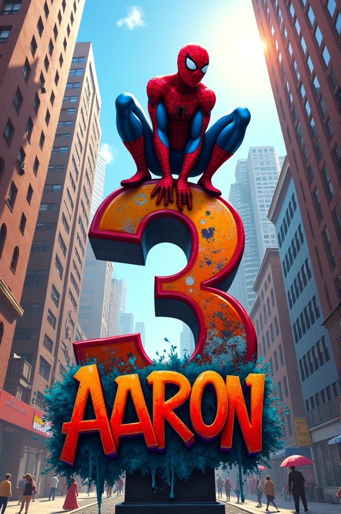 Spiderman riding on top of number 3 with the name Aaron