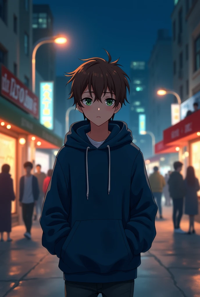 Anime style image. A teenager, , with messy brown hair and dark green eyes was in the middle of a crowd, it was night and there were few people on the street. He was wearing a dark blue sweatshirt and his hands were in his pockets to protect himself from the cold.
