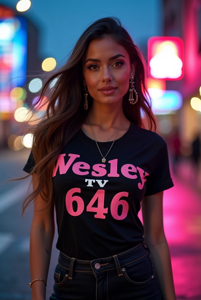 A beautiful and sexy woman with a shirt written
" Wesley tv 646 "