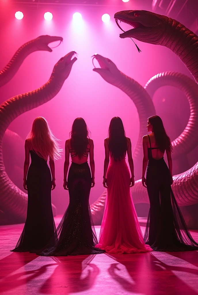 Blackpink Four members on the hot pink Stage, Background is Stone Snakes watching them,Blackpink members wearing beautiful Black and hot pink dresses and they hae beautiful hairs