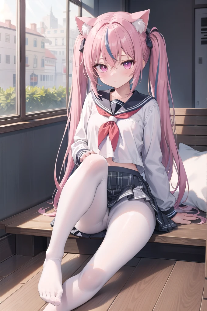 1girl, cat girl, Cat ears, grey hair, streaked hair, pink hair, long hair, hair between eyes, twintails, sailor collar, 
highly_detailed, Beautiful eyes, extremely_detailed_CG_unity_8k_wallpaper, highres, absurdres, beautiful_detailed_eyes, finely_detailed_clothing, finely_detailed_light, highly_detail_hair_, 
colorful, light rays, caustics, aistics, lens flare, bokeh, nsfw, A small chest, pink eyes, White pantyhose, JK Uniform Plaid Skirt, school uniform, Light pink mini skirt, ruffle, blush, Show off your feet, No shoes on,
score_anime, score_9, score_8_up, masterpiece, beautiful scenery, illustration,