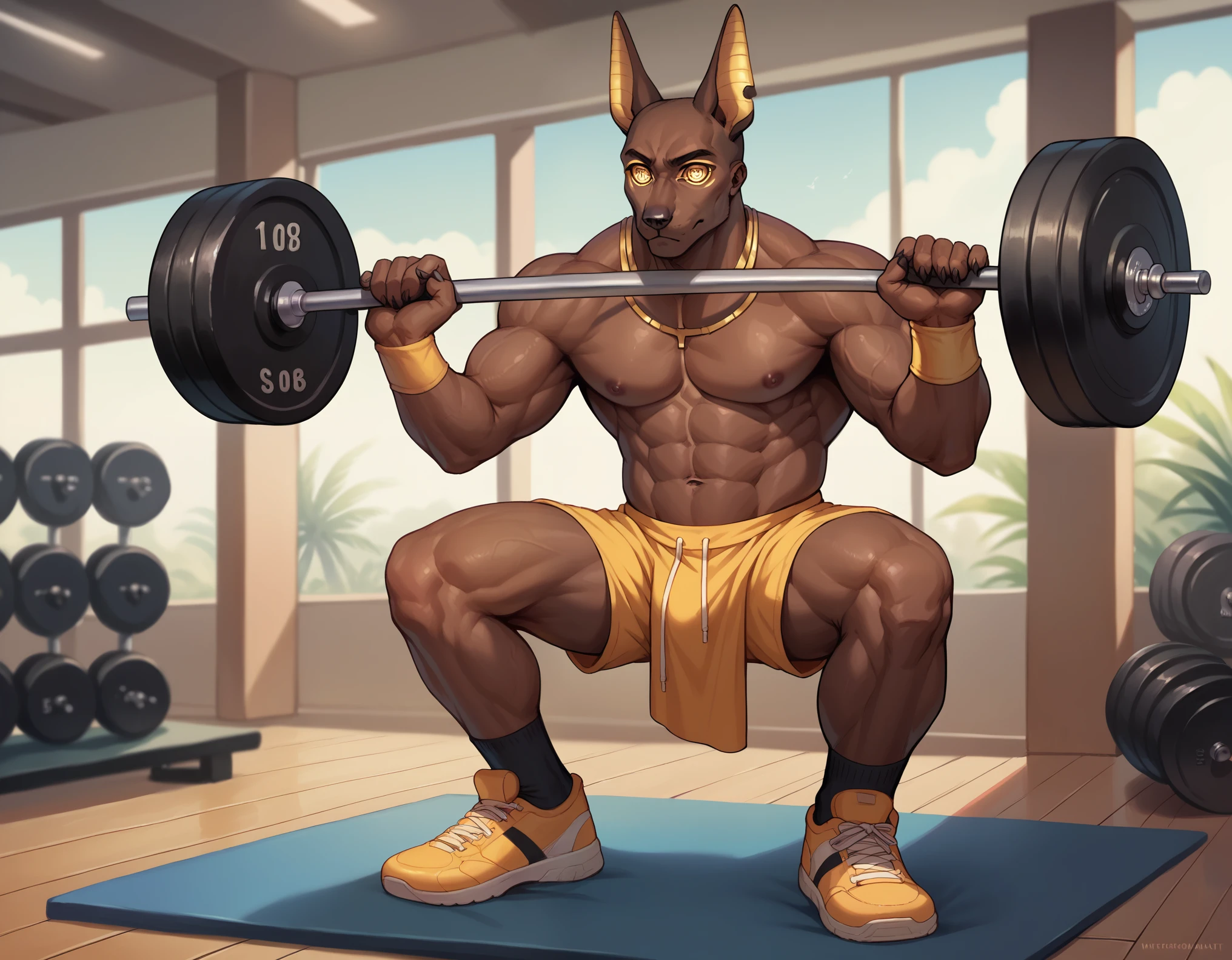 (1boy, solo), (boy is Anubis, (detailed eyes, face), muscular, he is working out, holding some barbells ), (scenery gym, tropical weather), (full body), realistic