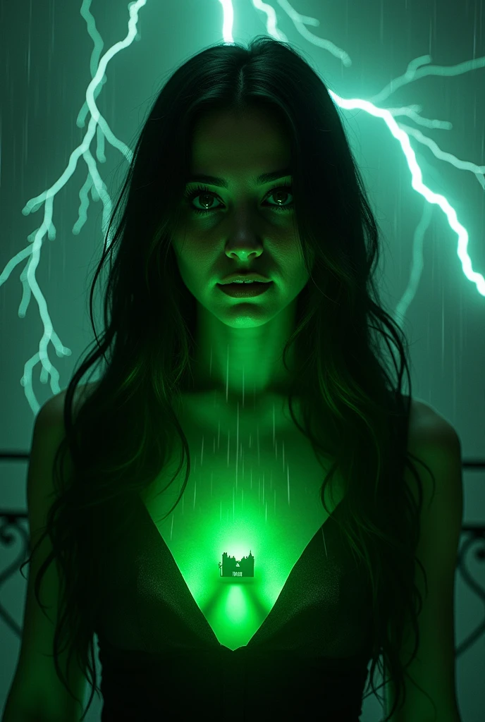 A stunning portrait of a woman with a green aura surrounding her, symbolizing envy. She has long flowing hair and wears a mysterious, enigmatic smile. The background is a dark, stormy night with lightning flashing and sheets of rain cascading down. A faint glimpse of a luxurious mansion can be seen in the distance, hinting at the source of her envy. She stands as a symbol of the destructive power of jealousy and its ability to cloud judgment.