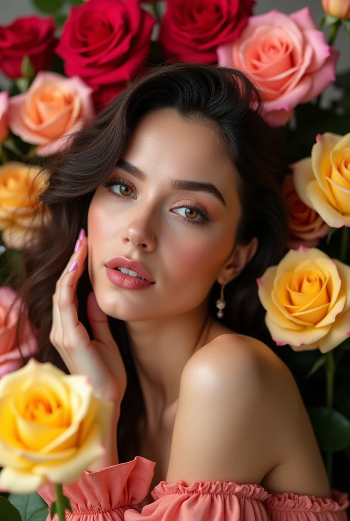 Beautiful woman with beautiful makeup taking a studio photo with a concept of beautiful and colorful roses .

Studio ada papan nama ridwangrapher