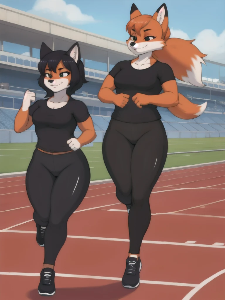 Furry, fox, female, black shirt, black leggings, shoes, running track, friends, full body